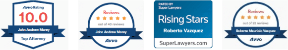 Four lawyer rating badges: Avvo Rating 10.0, Avvo 4.9 out of 49 reviews, Super Lawyers Rising Stars, and Reviews 4.9 out of 26 reviews with lawyer names.